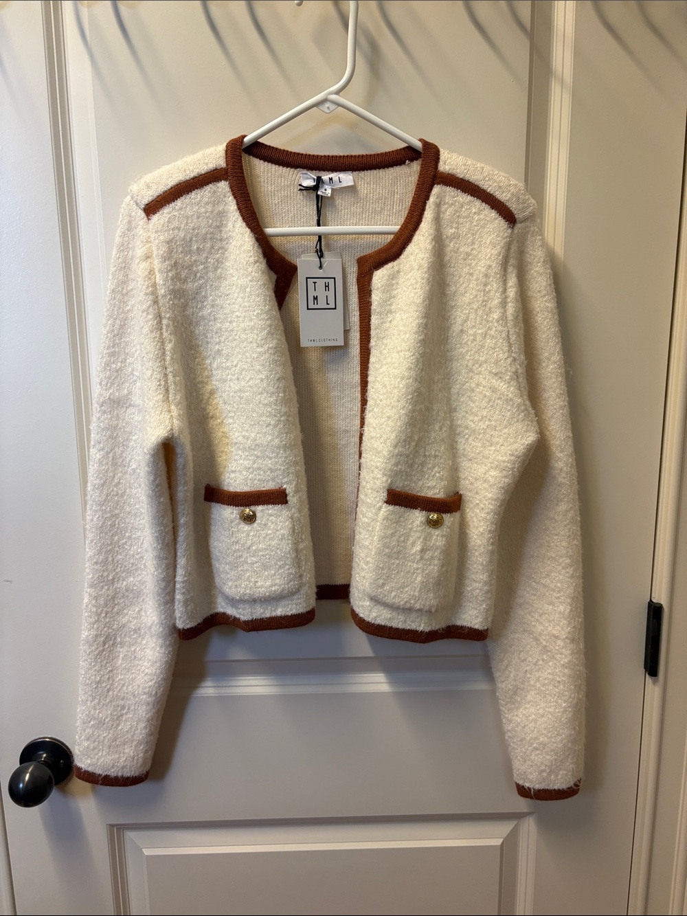 THML Cream Bouclé Open Cardigan with Rust Trim